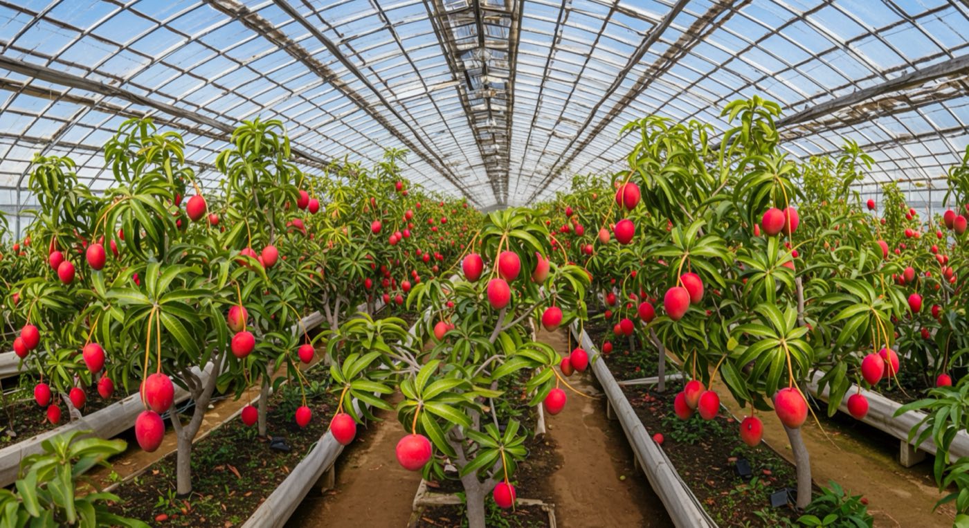 Young fruit saplings raised in a protected polyhouse nursery
